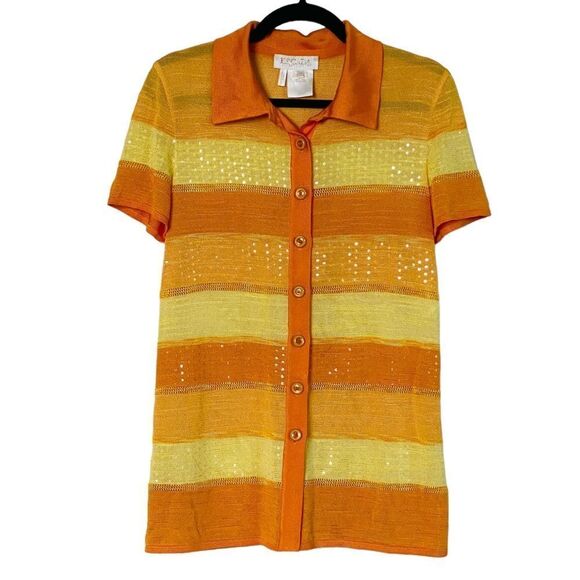 Vtg Escada Margaretha Ley Orange Yellow Stripe Knit Button Up Top Sz EU 34 US S - Picture 13 of 14